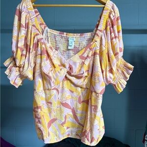 Nine West Floral Puff Sleeve Top - Pink and Yellow